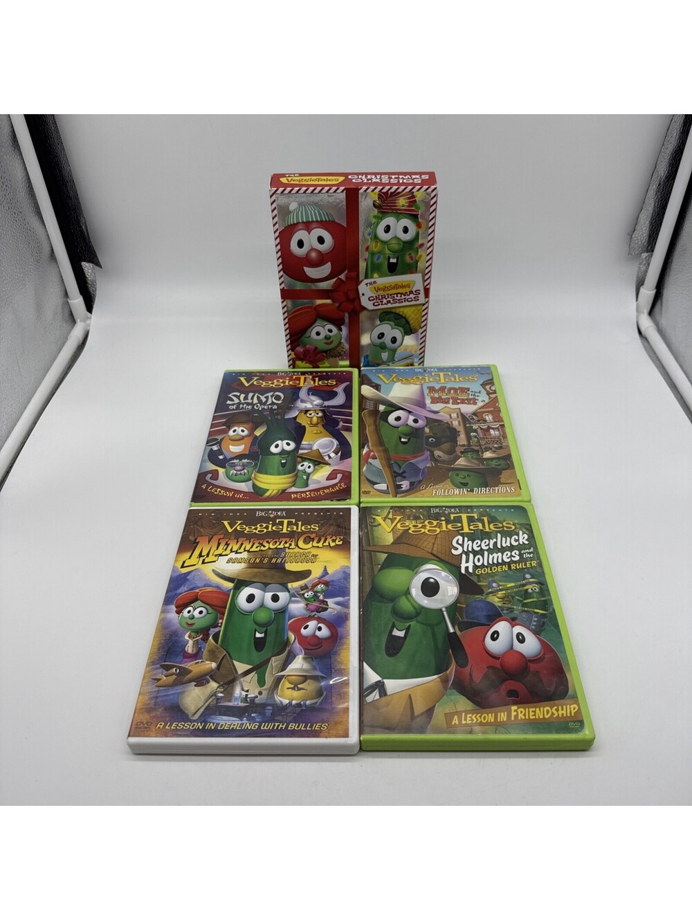 Veggie Tales DVD Lot Sheerluck Holmes Sumo Moe Minnesota Cuke Christmas